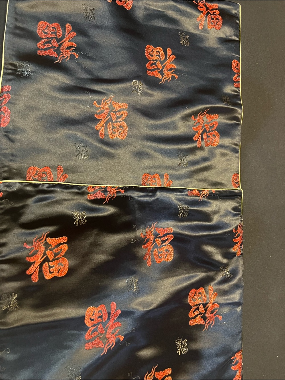Luxury Black Satin Pillow Sham with Red Embroidered Motif